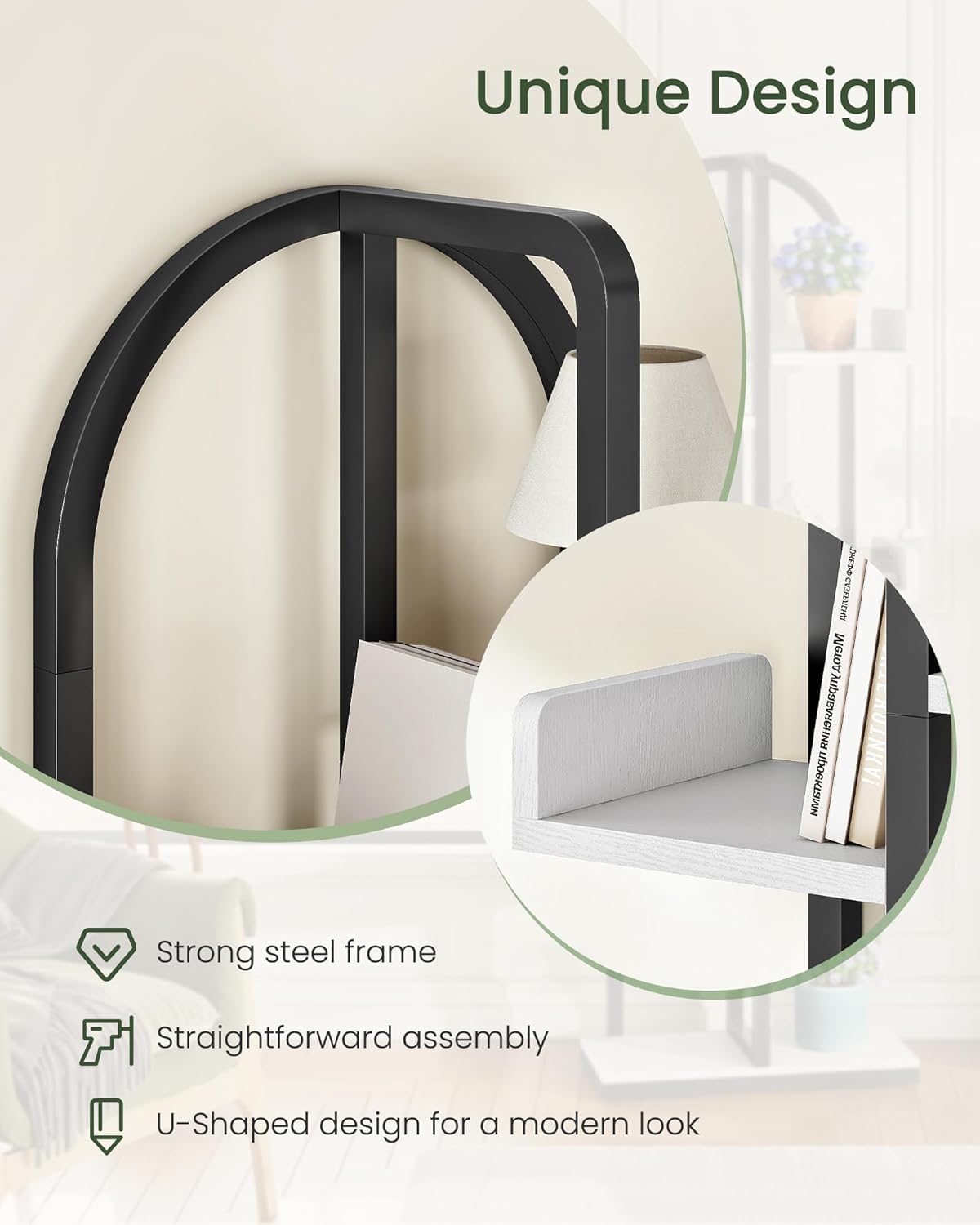 Corner Bookshelf, Curved 6-Tier Bookcase with Anti-Tip Kit, Adjustable Feet and Staggered Shelves for Living Room, Bedroom, Study, Office, White and Black TSJ06BW