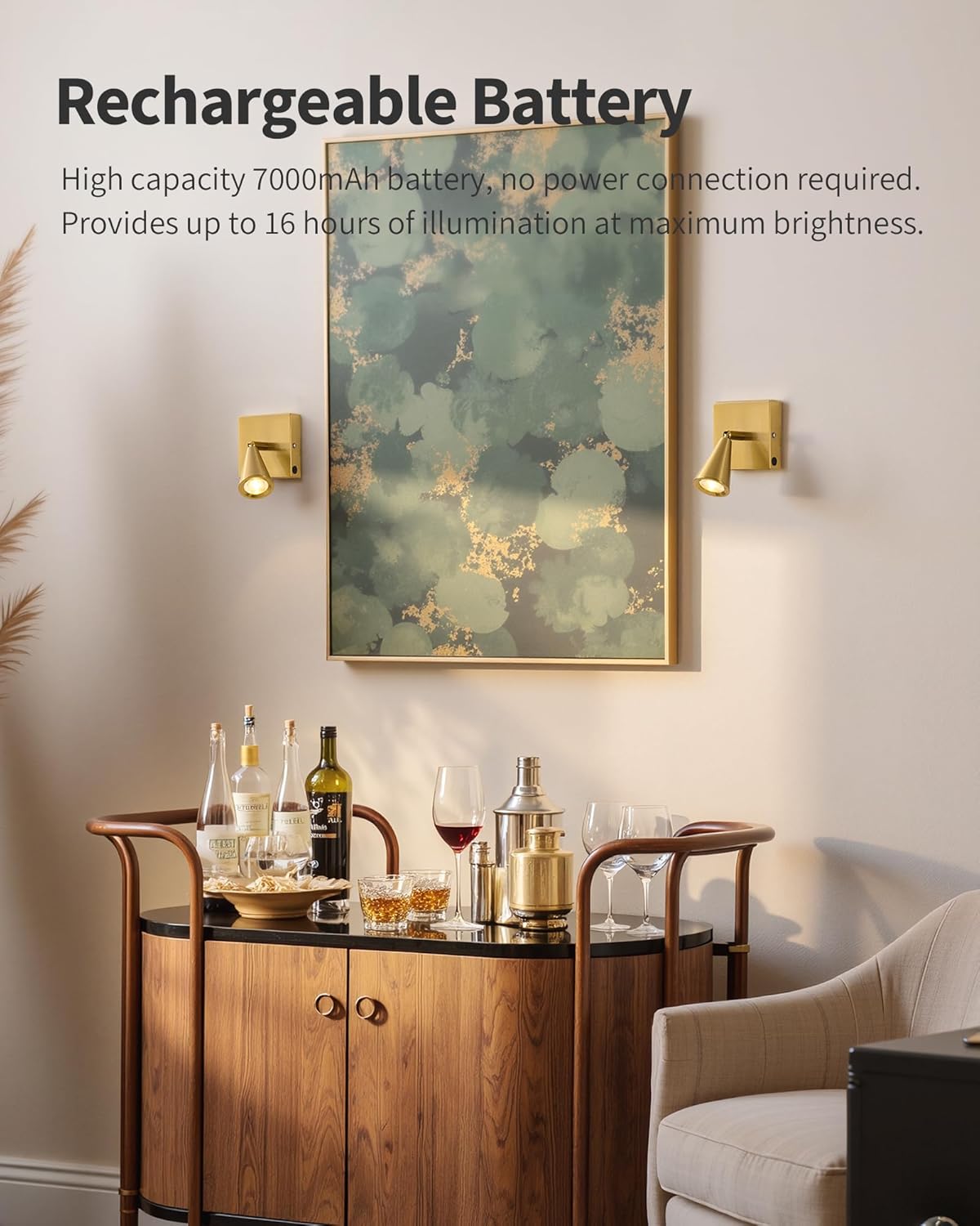 Battery Operated Wall Sconce Set of Two, Wall Lamp with Remote, 7000mAh Dimmable Magnetic 350° Swivel Cordless Rechargeable Wall Lights for RV Bedside Hallway Gallery Wall Decort - Gold