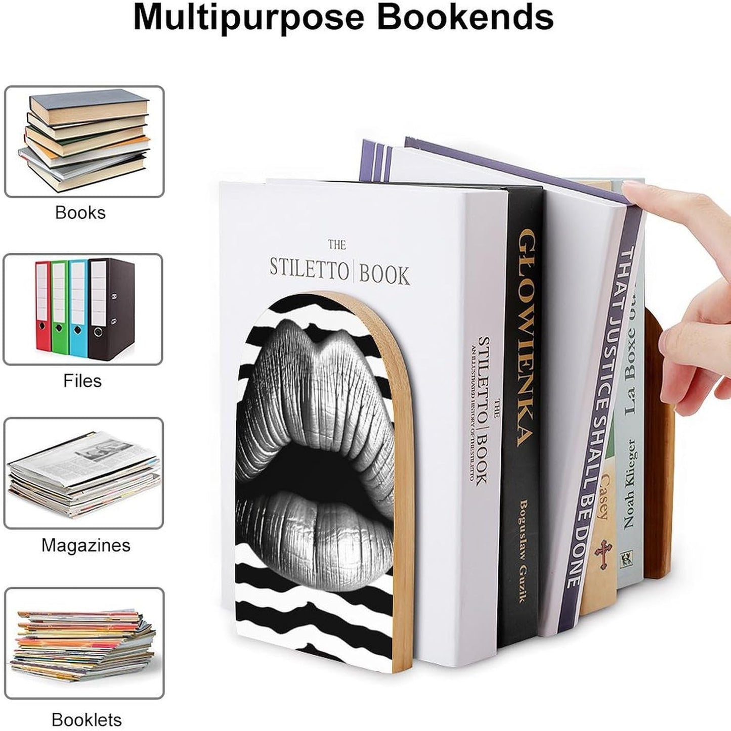 Lips Printed in Black and White Stripes Bookend for Shelves Wooden Book End Large Size Sturdy Book Holders Stoppers with Metal Base for Bookshelves Slick Decorative Bookends Stands