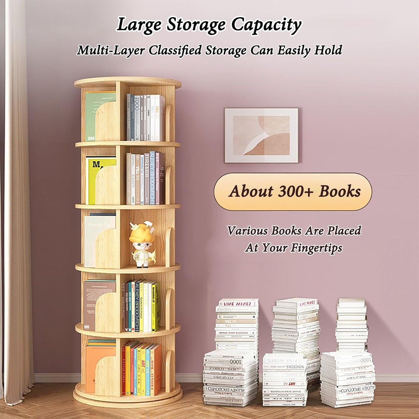 ELZEM 5-Tier Rotating Book Shelf Spinning Bookshelf Tower with Baffle 360° Display Round Rolling Bookshelf Stackable Floor Standing Bookcase Storage Rack for Living Room Study Room Home Office