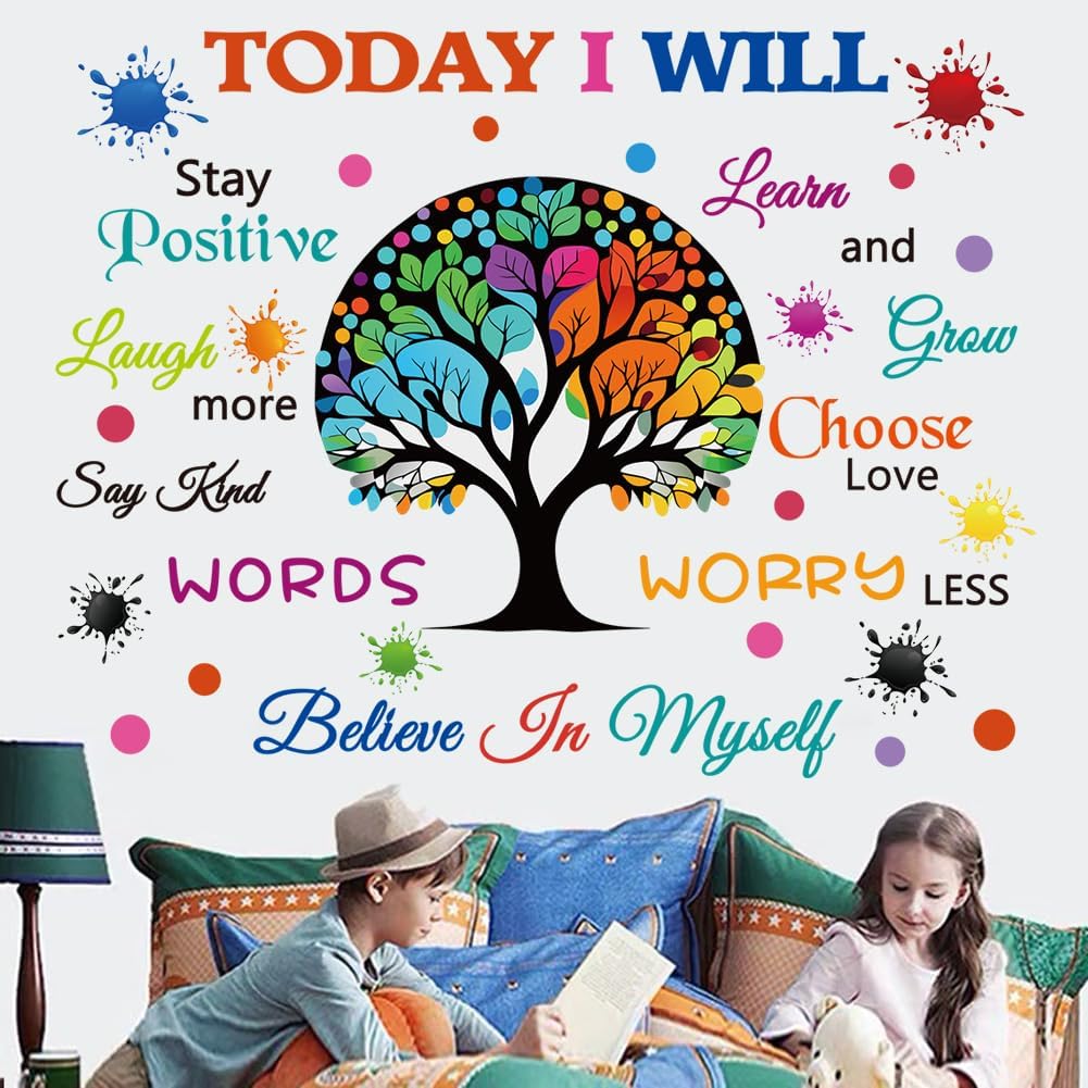 Colorful Inspirational Wall Decals Motivational Quote Today I Will Wall Stickers for Bedroom Classroom Peel and Stick Wall Decals Positive Saying Sticker (Tree Style)