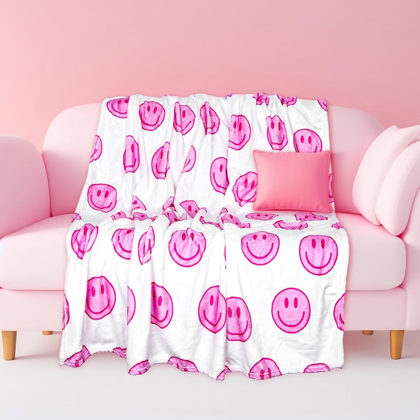 JarThenaAMCS Smile Face Fuzzy Throw Blanket Pink Preppy Smile Decorative Soft Cozy Flannel Blanket for Home Bed Sofa Couch Chair, 50 x 60 Inch