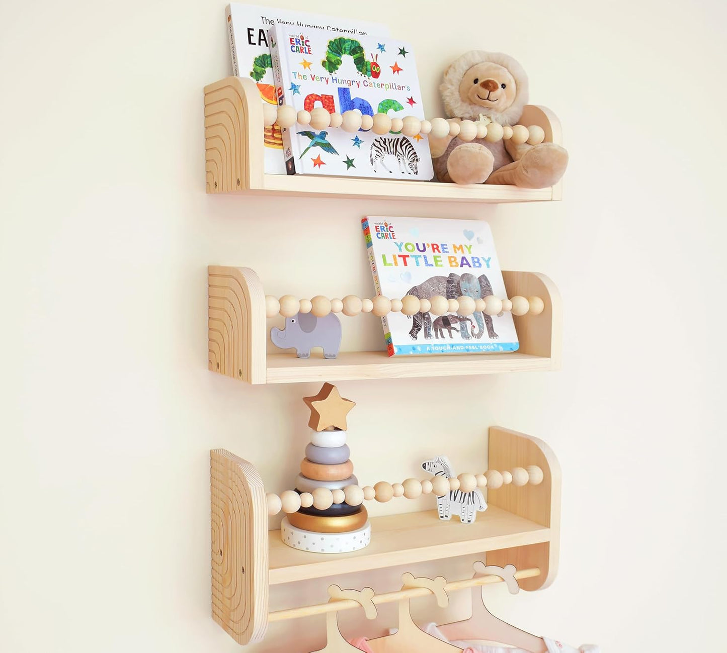 CNK Nursery Floating Book Shelves for Wall Mounted Set of 3 Book Shelf for Kids Room, Toddler Room, Baby Rooms Natural Pine Wood Bookshelf Toy Storage with Rack Playroom Decor