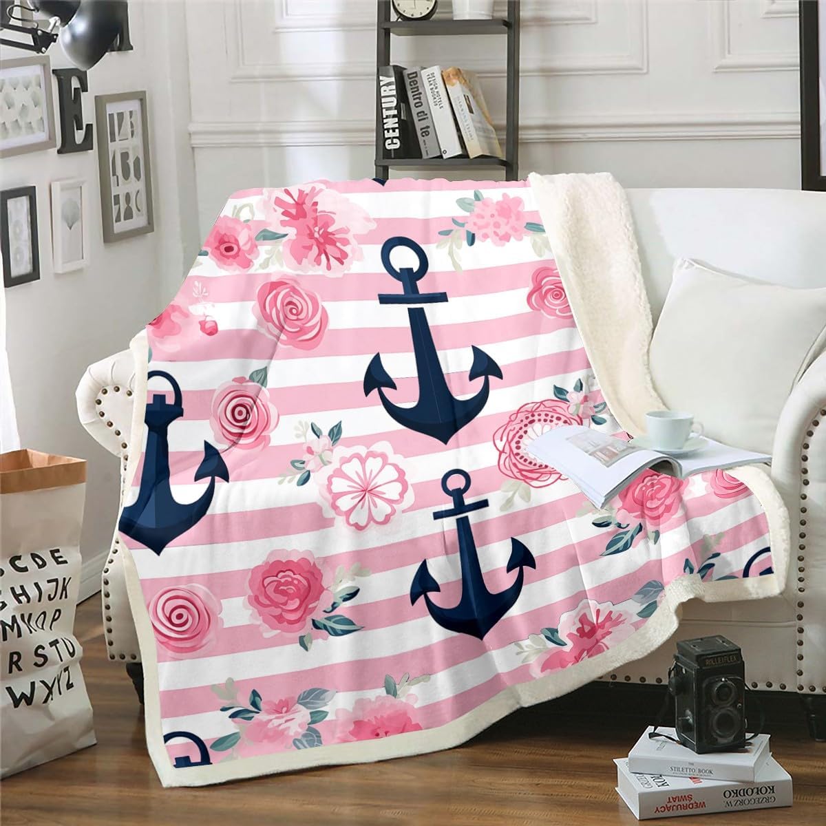 Erosebridal Anchor Throw Blanket Twin Nautical Themed Blanket,Girls Chic Pink Rose Sherpa Blanket Floral Flower Fleece Blanket Aesthetic Geometric Stripes Bed Blanket,Cozy