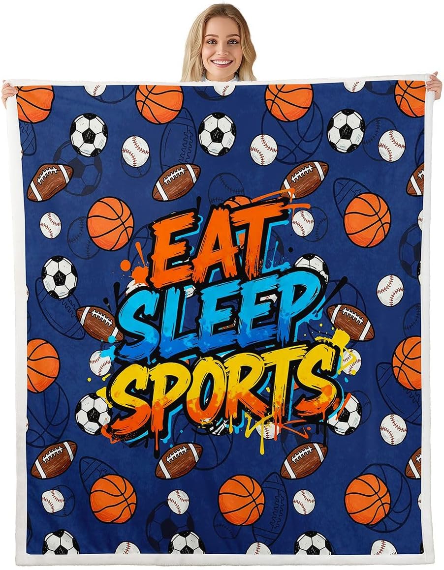 Feelyou Sports Throw Blanket Boys Soft Fleece Sherpa Cozy Fuzzy Plush Warm Football Baseball Basketball Soccer Fuzzy Plush Throw Ball Game Throw 50"x60" for Bed Couch Living Room