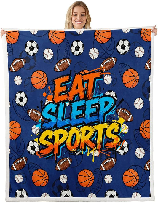 Feelyou Sports Throw Blanket Boys Soft Fleece Sherpa Cozy Fuzzy Plush Warm Football Baseball Basketball Soccer Fuzzy Plush Throw Ball Game Throw 50"x60" for Bed Couch Living Room
