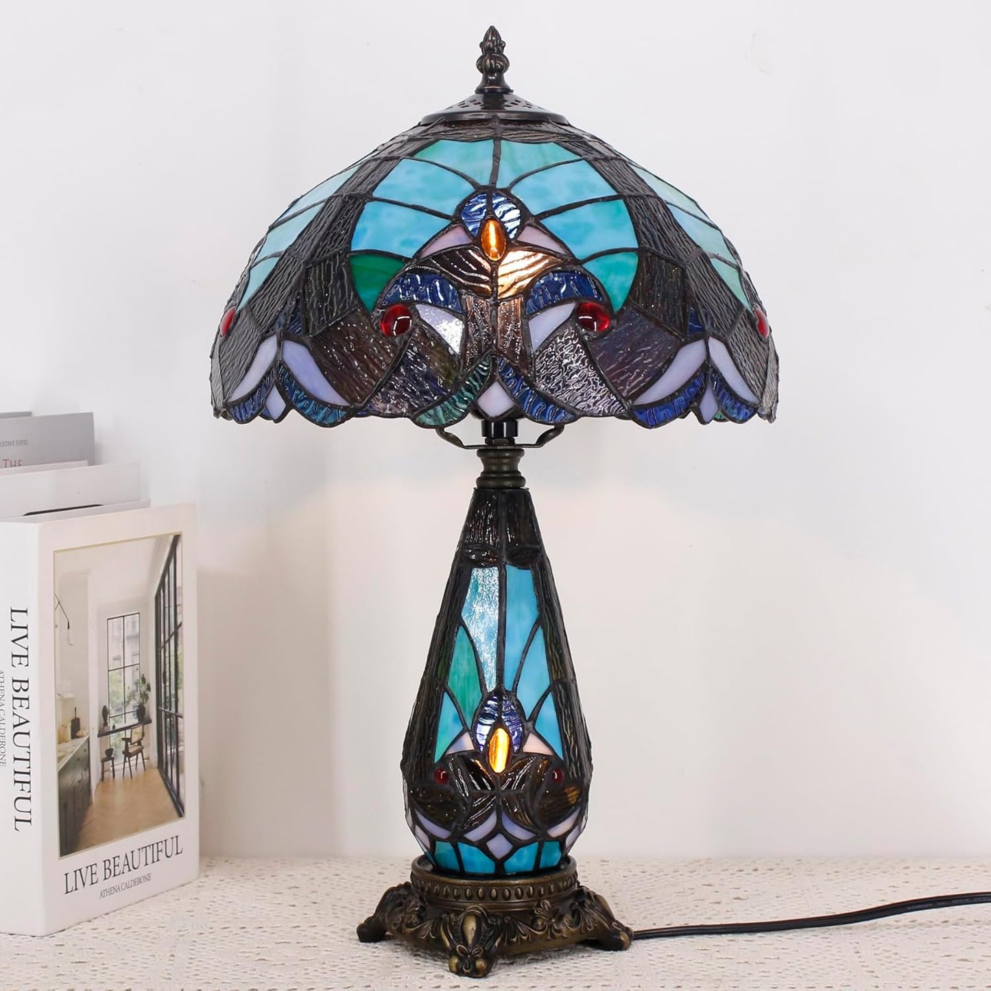 Tiffany Lamp Stained Glass Table Lamp 12X19 Inches Mother Daughter Vase Desk Accent Night Light for Bedroom Bedside Reading Home Antique Style (Green Liaison)