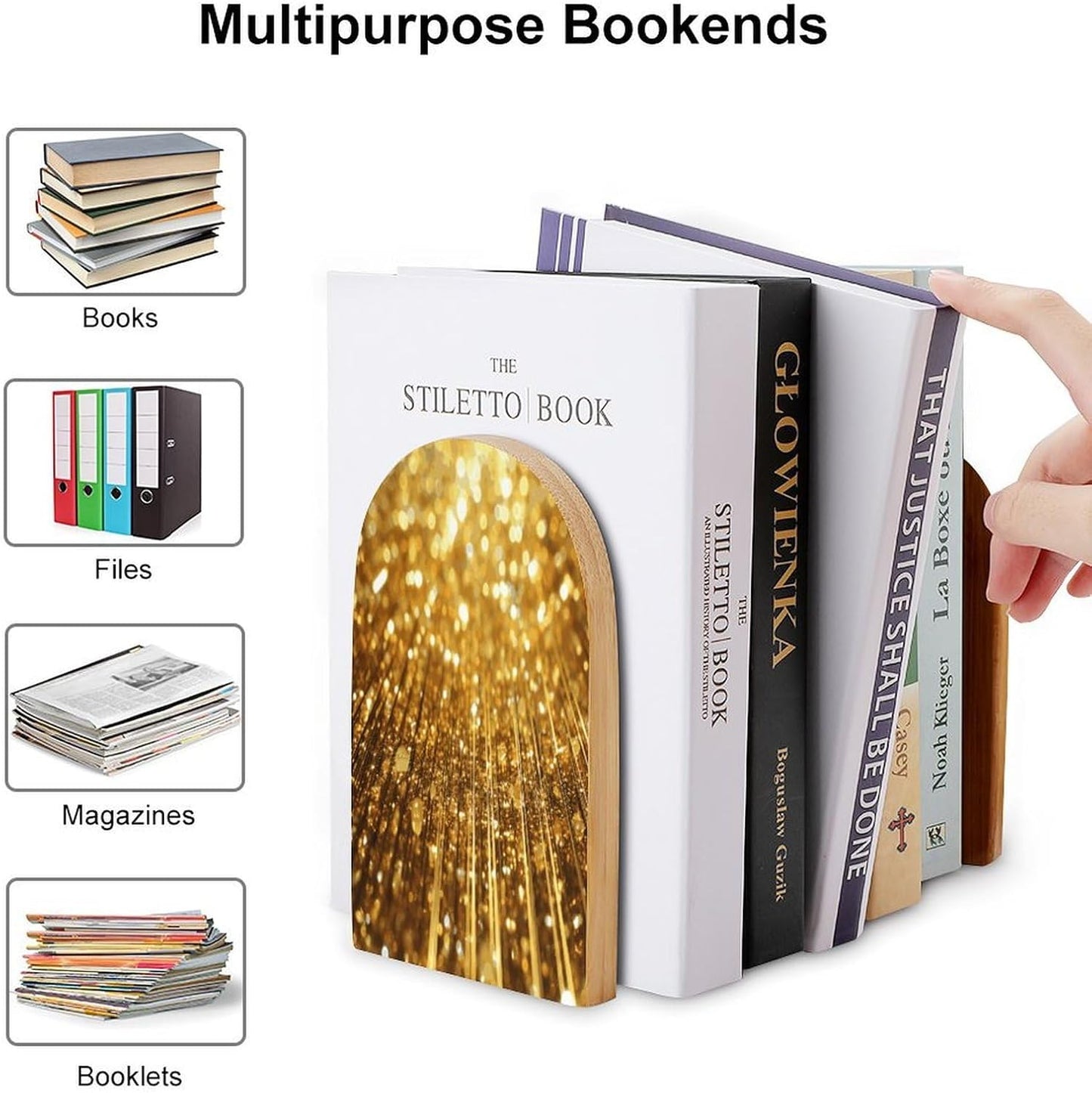 Gold Bling Bookend for Shelves Wooden Book End Large Size Sturdy Book Holders Stoppers with Metal Base for Bookshelves Slick Decorative Bookends Stands