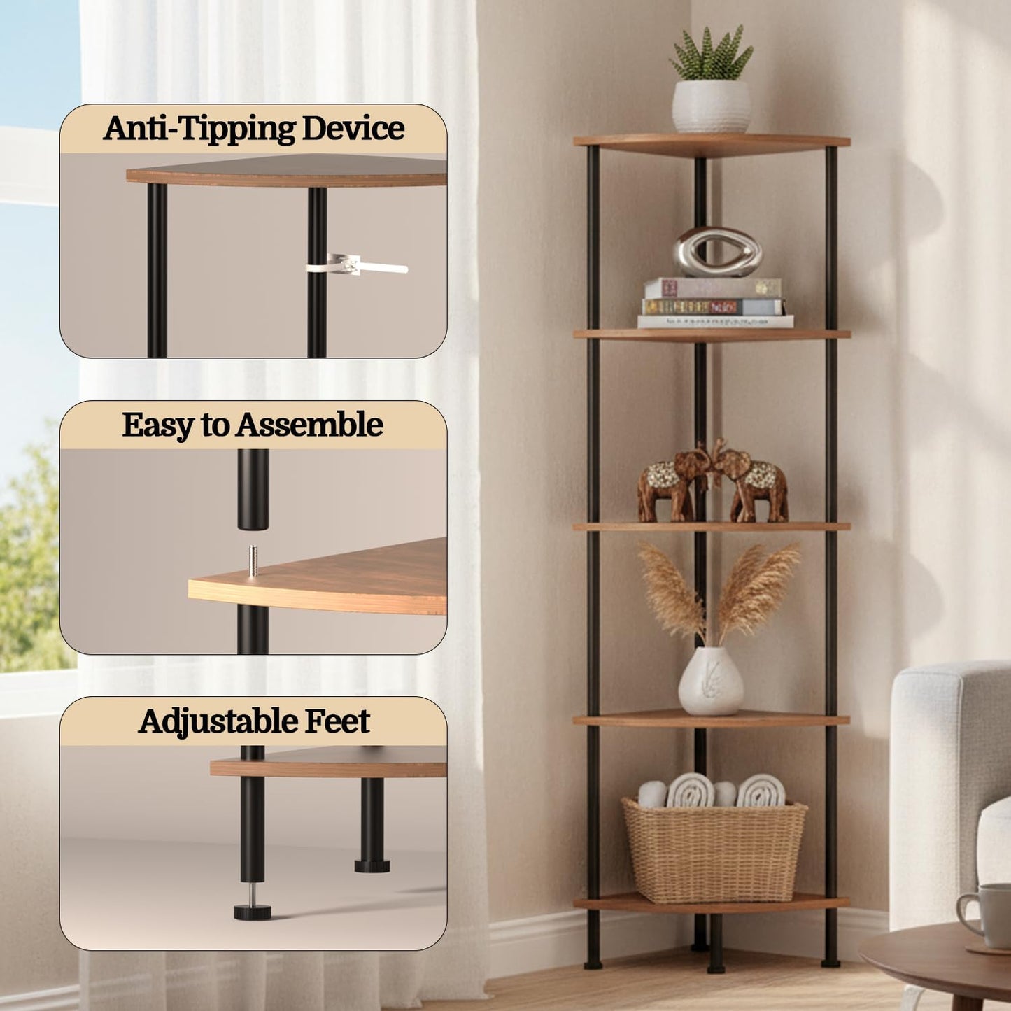 5-Tier Corner Shelf Stand, 52" Industrial Corner Display Rack for Living Room, Bookshelf, Tall Display Shelf, Plant Stand, Storage Standing Shelf for Bedroom, Bathroom, Kitchen, Brown