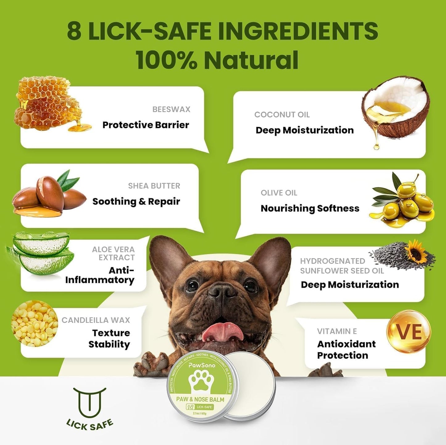 Lick-Safe Dog Paw & Nose Balm with Coconut Oil | All-Natural Moisturizer & Soother for Dry, Cracked Pads & Snout | Heat & Cold Pavement Protection Wax, Nose Butter for Bulldogs (2.1 oz / 60 g)