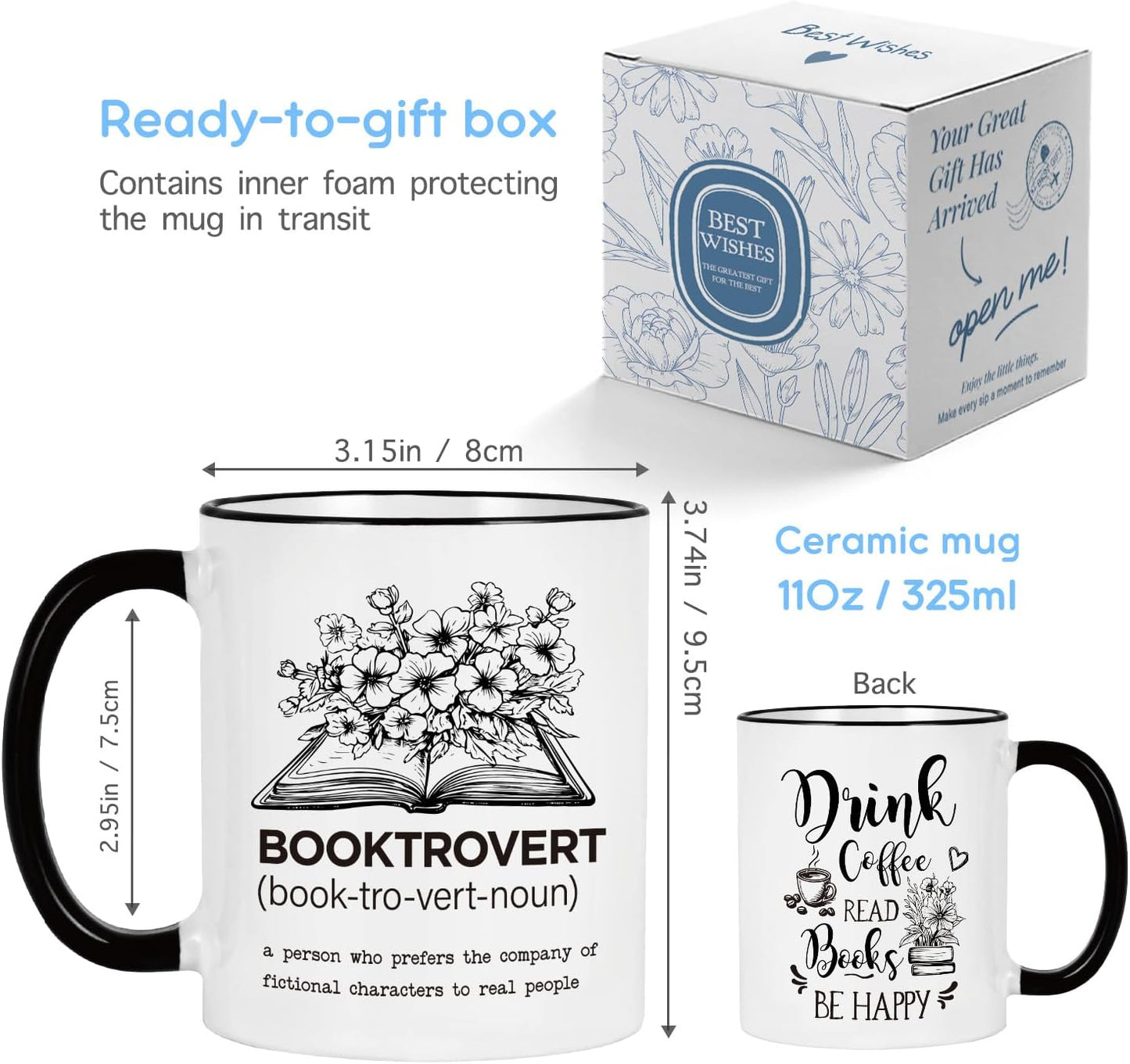 Booktrovert Definition Coffee Mug Book Lover Gifts for Women Men Friends Librarian Bookworm, Reading Themed Ceramics Mugs 11oz, Book Clubs Gifts for Christmas Birthday, Dink Coffee Read Books Be Happy