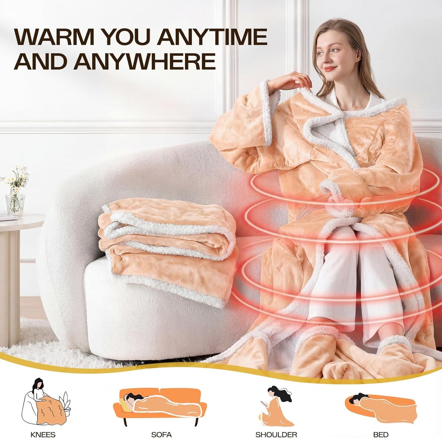 Wearable Heated Blanket with Foot Pocket, Wearable Electric Throw Blanket with Sleeves, Flannel & Sherpa Heated Throw Blanket with 6 Heat Settings, 1-12 Hours Auto Shut-Off, 52"x72", Beige