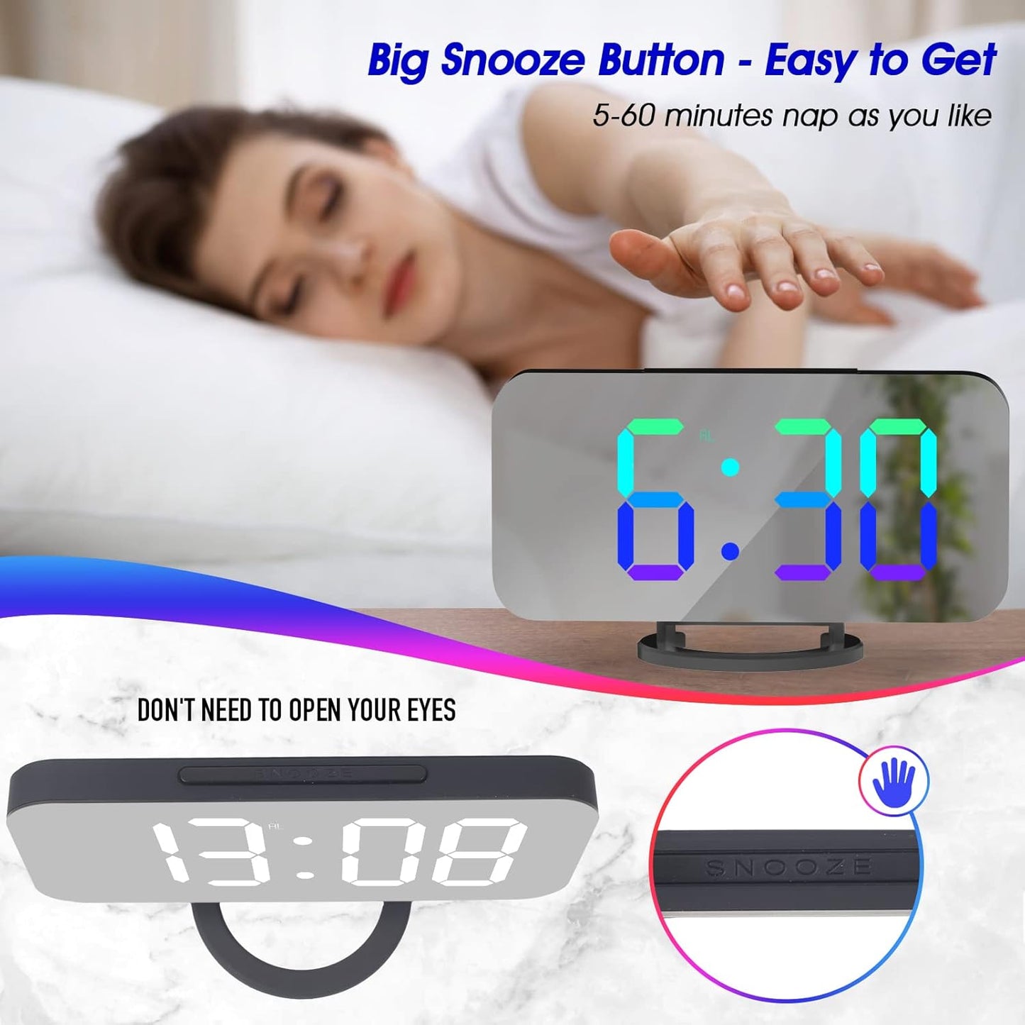 WulaWindy RGB Digital Clock - LED Alarm Clocks Large Display Mirror Surface with Dual USB Ports for Modern Decorations Aesthetic Home Bedroom Living Room Office and Wall Decor - Black