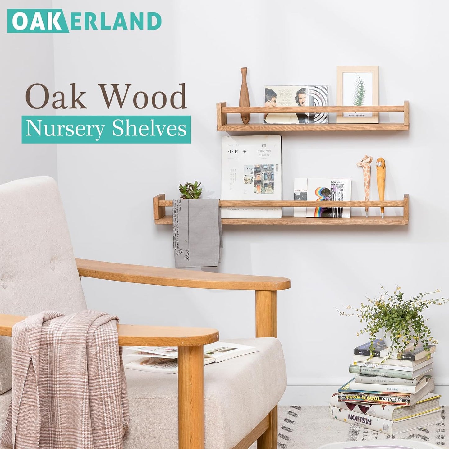 Oak Floating Shelves 24 Inch Nursery Shelves, Nursery Book Shelves Floating Bookshelves Wall Mounted Shelves for Books, Toys and Decor Storage