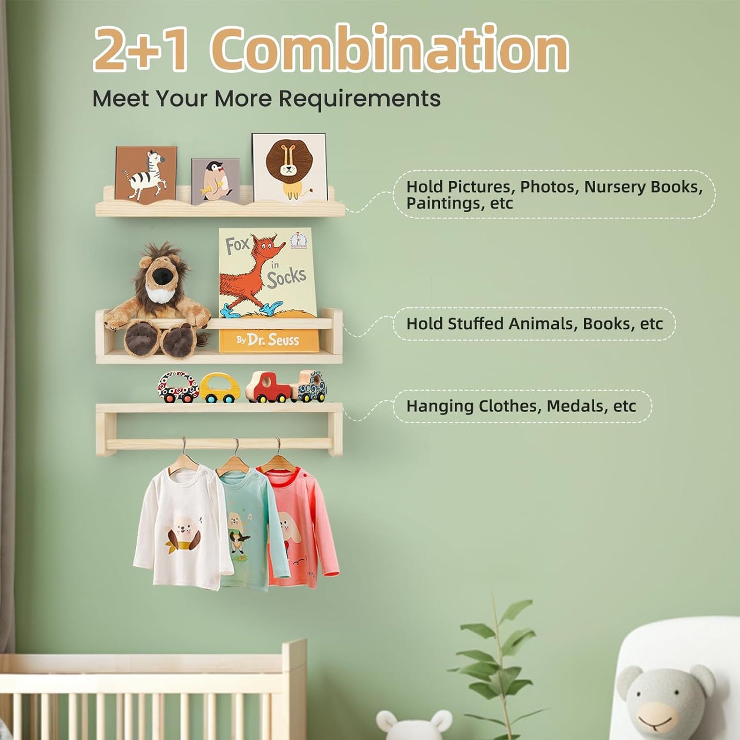 Floating Book Shelves for Wall, 16.5" Natural Wood Nursery Shelves for Book Storage, Solid Pine Wooden Floating Wall Bookshelf for Bedroom Living Room, Set of 2+1, Unfurnished - DIY