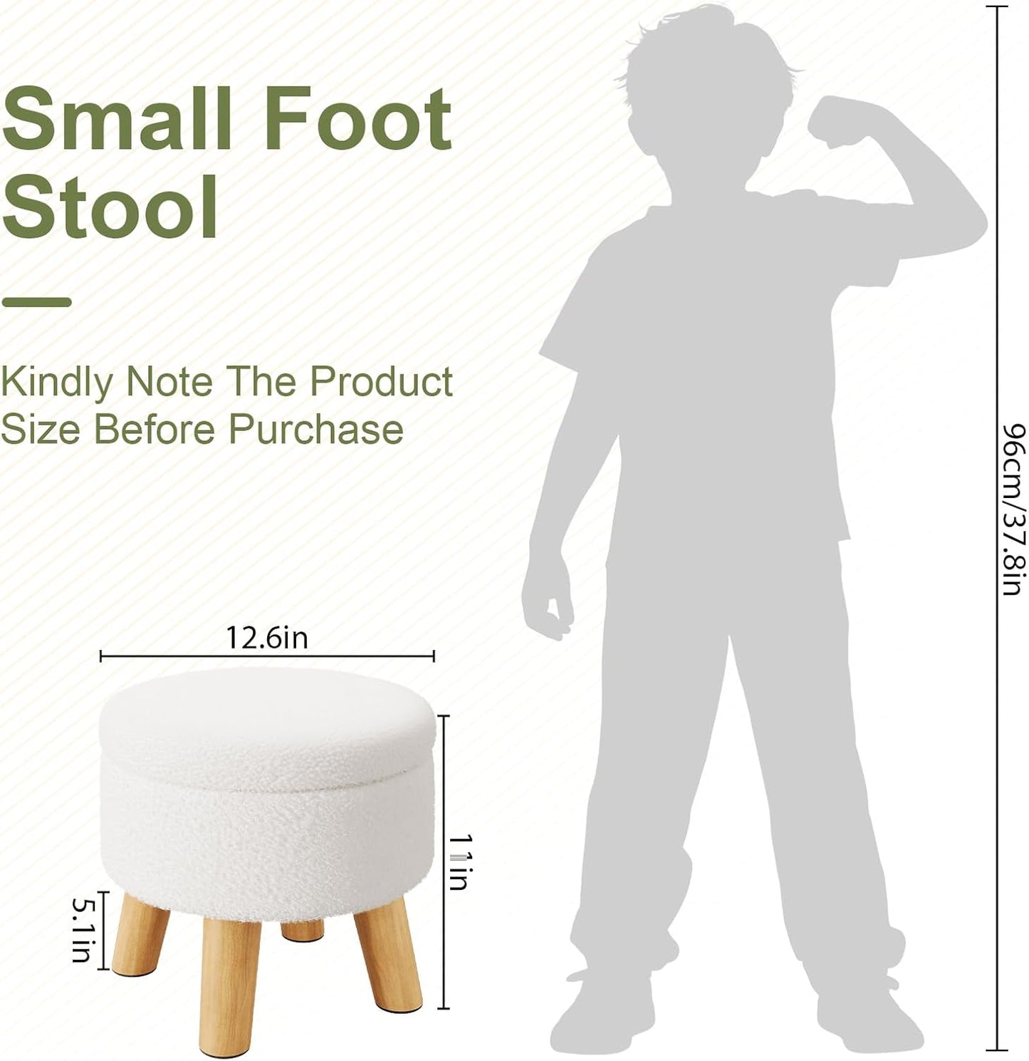 Small Ottoman Footrest, White Boucle Foot Stool, Round Pouf Ottoman with Storage, Teddy Velvet Foot Rest for Couch, Living Room, Nursery, Small Coffee Table Ottomans Stool