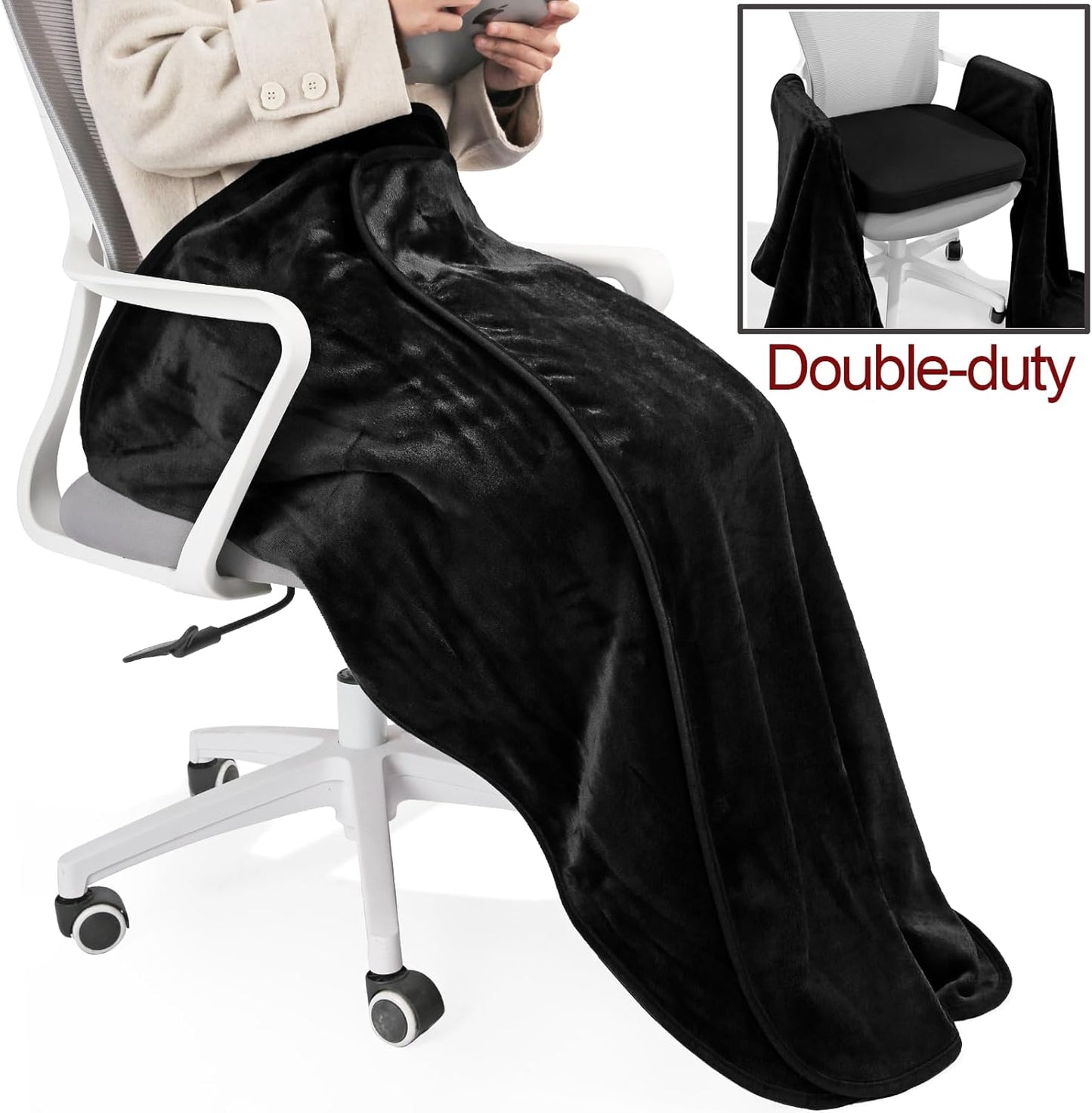 BUYUE Thickened/Leg Covering Office Chair Cushion with Blanket 2 in 1, 2" Foam Seat Cushion with Soft Fleece Foldable Legwarmer for Sitting, Non-Slip Comfort Home Desk Chair Pad, Black