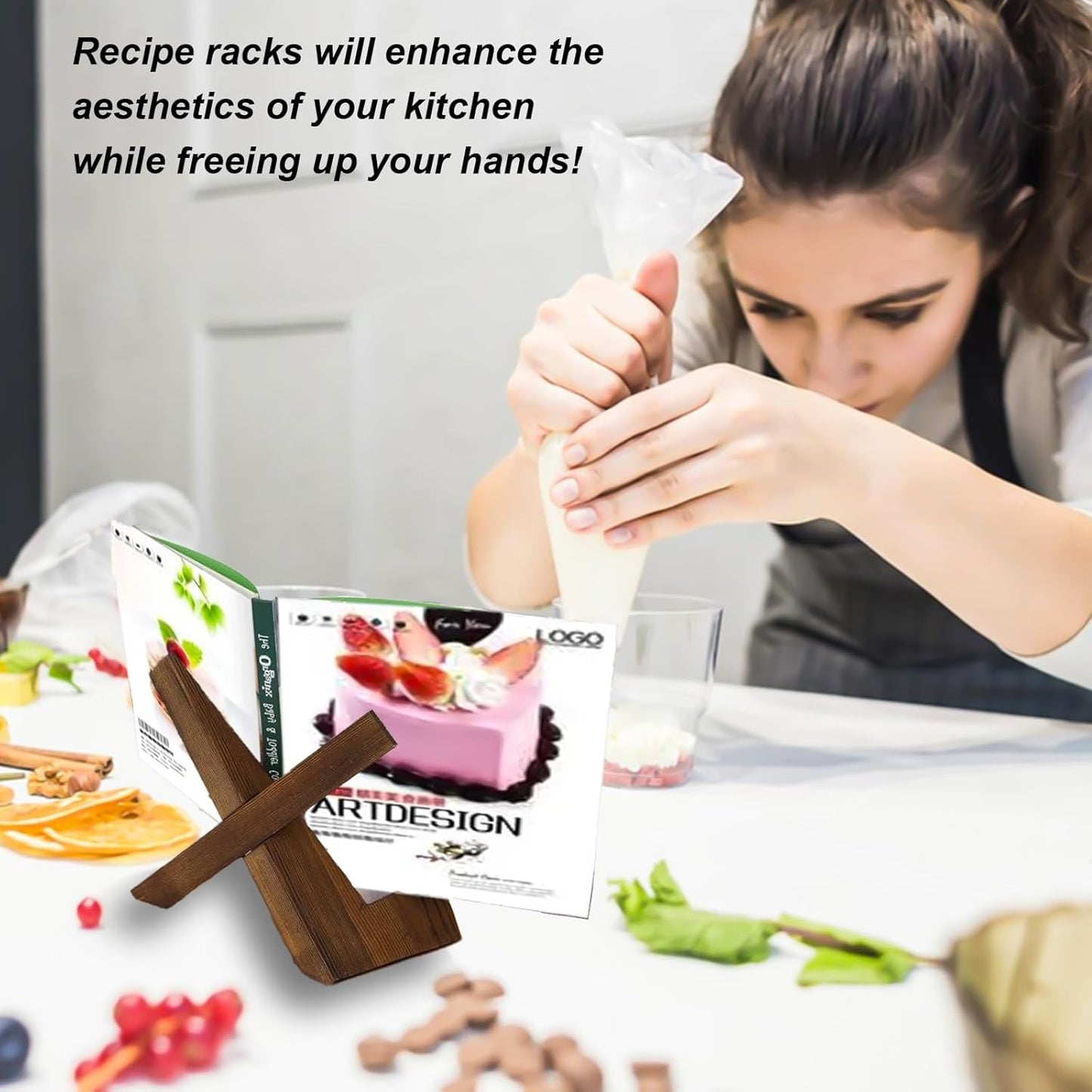 Cookbook Stand, Cook Book Stand for Kitchen Counter,Wooden Recipe Book Holder, Multifunctional Display, Kitchen Counter Decor