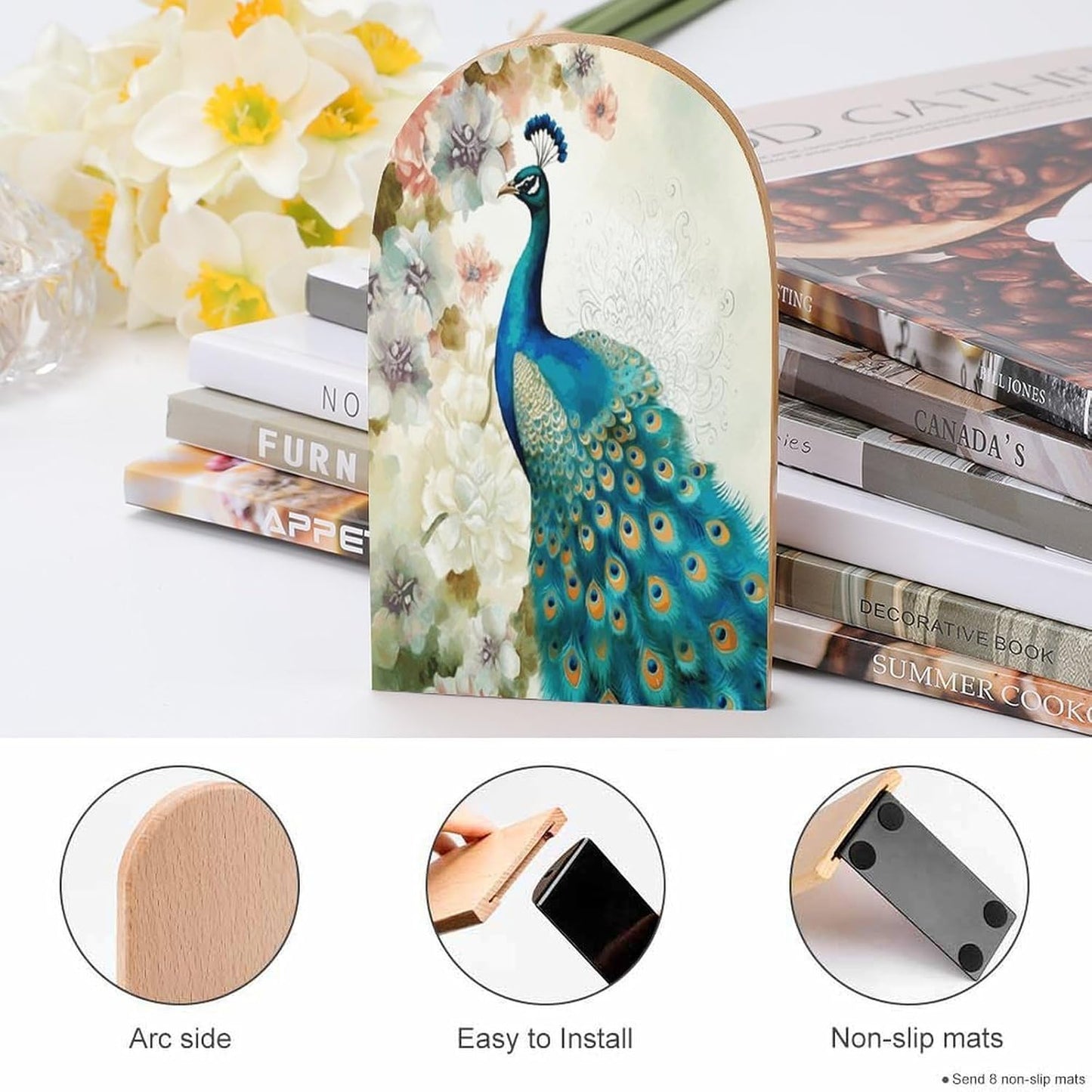 Beautiful Peacock and Floral Bookends 1 Pair Heavy Duty Book Ends for Shelves Non-Skid Bookend Supports Wooden Book Holders with Metal Base Desk Organizers Books Storage to Hold Books