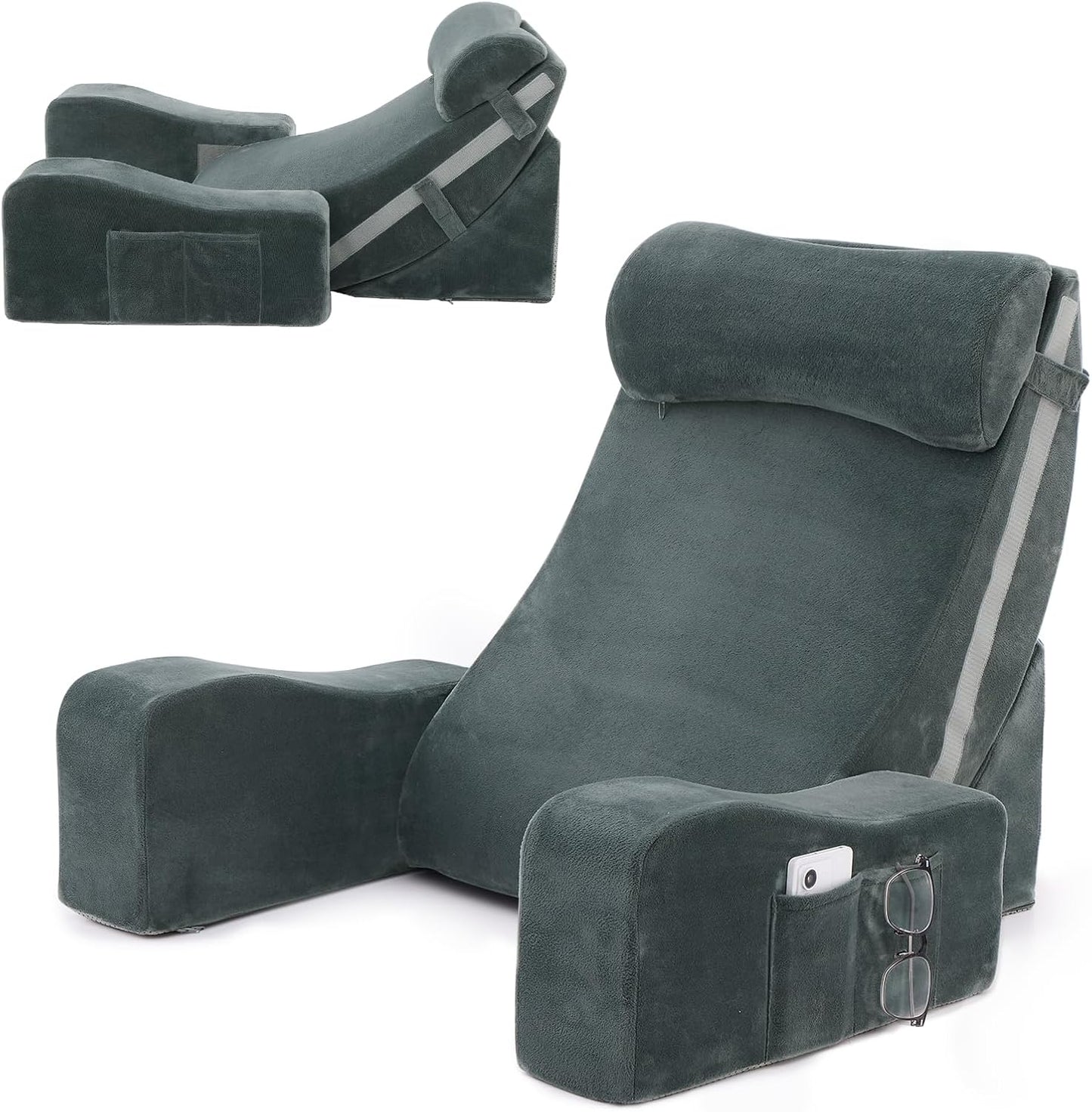Sasttie Reading Pillow with Armrests, 15–25 Inch Adjustable Back Support Pillow for Bed Sitting Up, Memory Foam Back Rest Cushion Bed Chair for Reading, Gaming & Relaxing, Dark Grey
