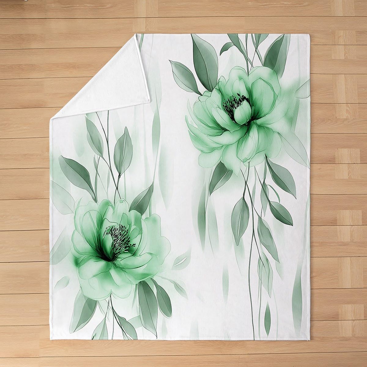 Green and Grey Boho Flannel Blanket Watercolor Floral Throw Blanket Ink Painting Style Flower and Leaf Cozy Throws for Bed Couch Sofa,Kids Boys Girls Room Decor,Soft and Breathable(40 x 50 Inches)