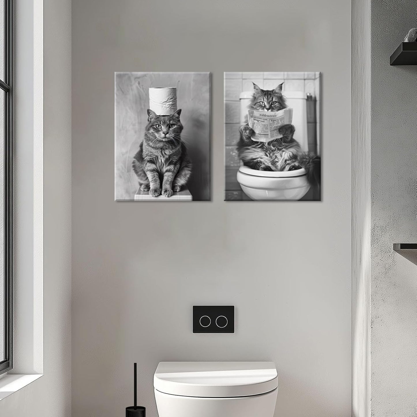 Framed Funny Black and White Cat Bathroom Wall Art Set of 3, Cute Cat on Toilet Pictures Wall Decor Paintings, Humor Animal Toilet Signs Canvas Prints for Bathroom Restroom 16x24 inch