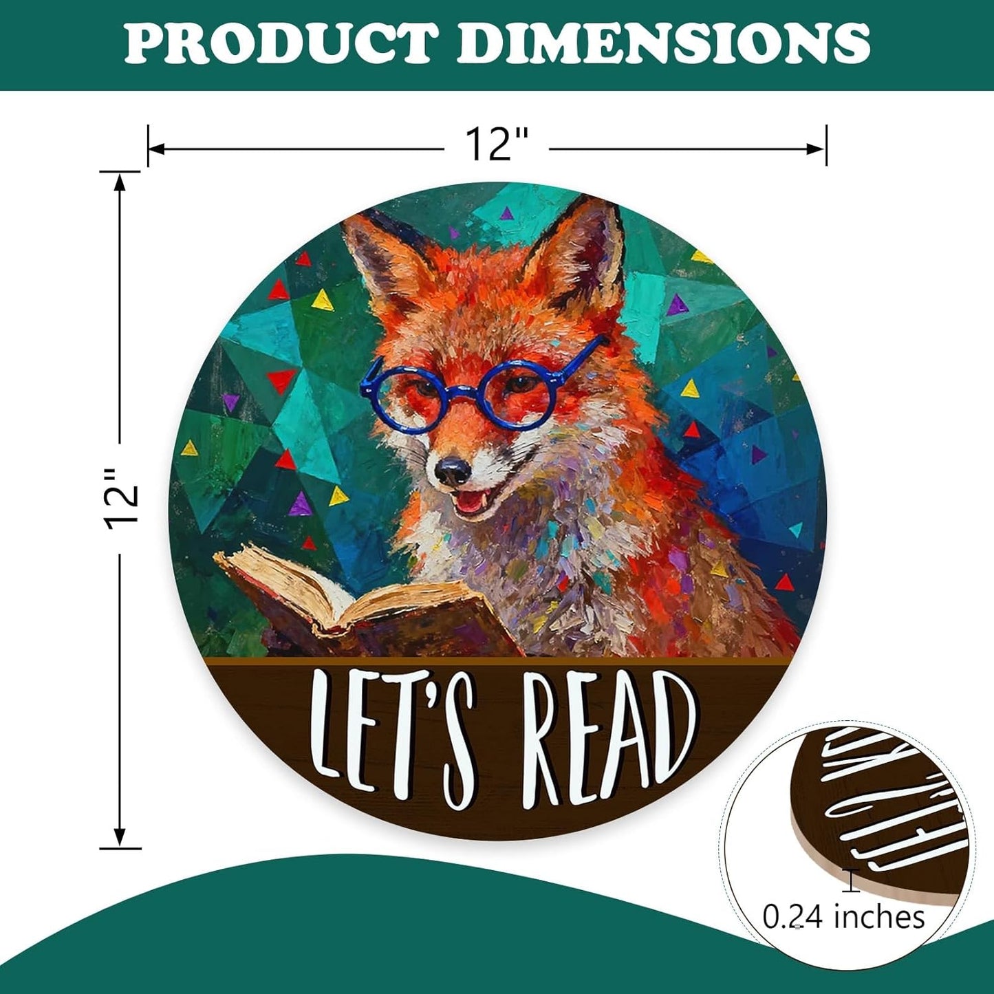 Let's Read Fox Front Door Sign, Inspirational School Classroom Library Reading Corner Wood Plaque Hanger, Farmhouse Wooden Wreath Indoor Wall Hanging Home Decor Book Lover Gift