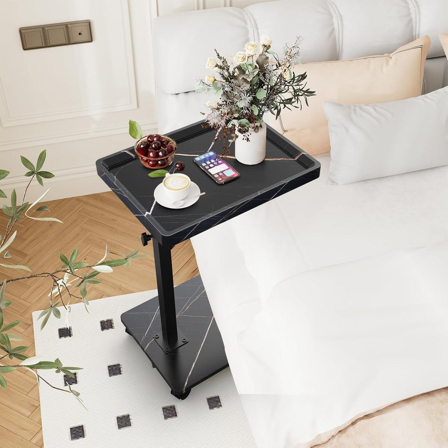 C Table End Table Adjustable Height, 360°Swivel TV Tray Table for Small Spaces, Couch Tables That slide under, C Shaped Side Tables living room and bedroom for Sofa, Bed,Chair, Snack (1, Black)