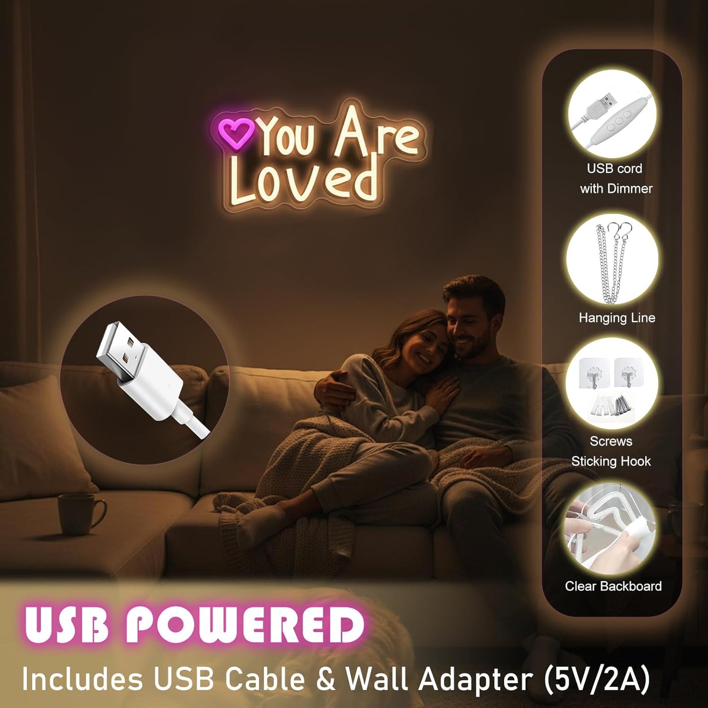 You Are Loved Neon Sign Today for Girl Party Motivational neon signWall Decor, Dimmable, USB Powered, Pink Heart Motivational Gift for Women
