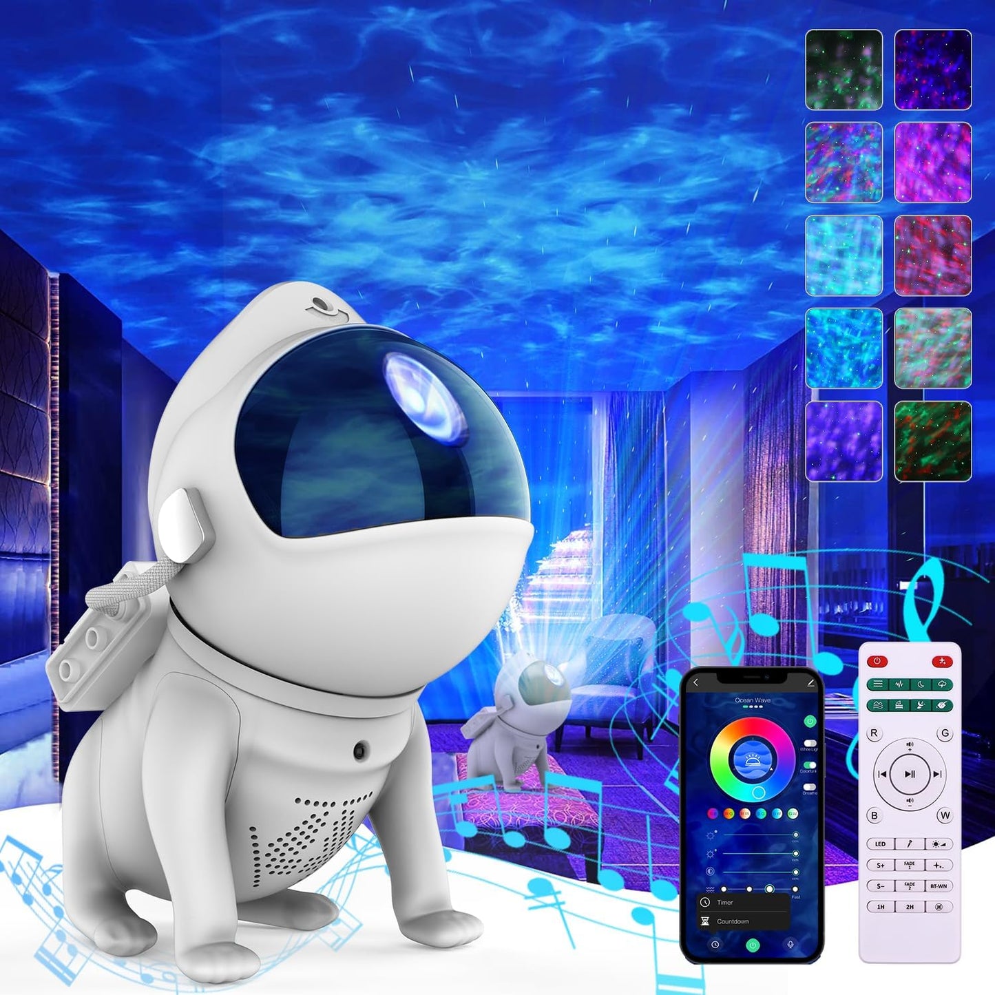 Space Dog Astronaut Star Projector - 21 Color Modes, Bluetooth Speaker, White Noise, Ocean Wave Bedroom Night Light Projector for Kids Teen Boys Teen Girls