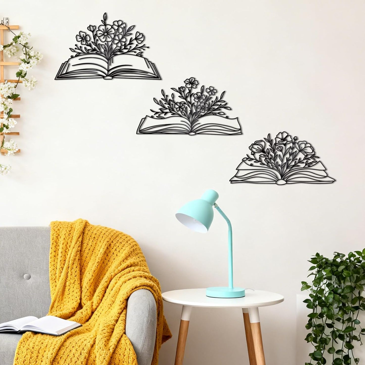 Zzbakress 3 Pcs Book Wall Decor Metal Flower Wall Art, Library Decor Hanging Sculpture, Reading Nook Silhouette Wall Hanging for Home Office Reading Room Teacher Gift (Elegant)