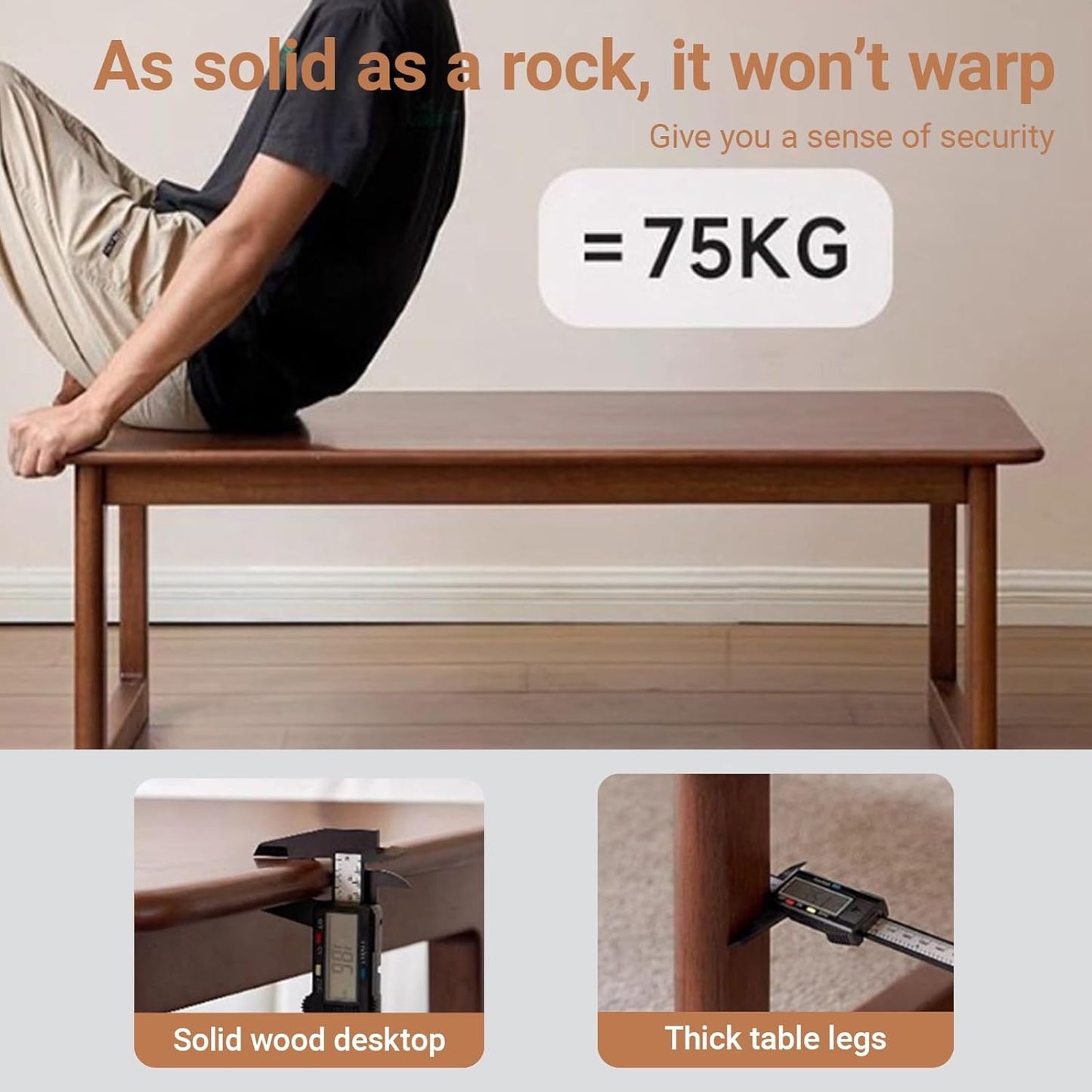 New Chinese Solid Wood rectangular Coffee Table Farmhouse Rubberwood Center Low Table for Living room Stable Zen-Inspired Tea Tables Rounded corners Space Saving(Wood,120*56*42cm/47.2*22*16.5in)