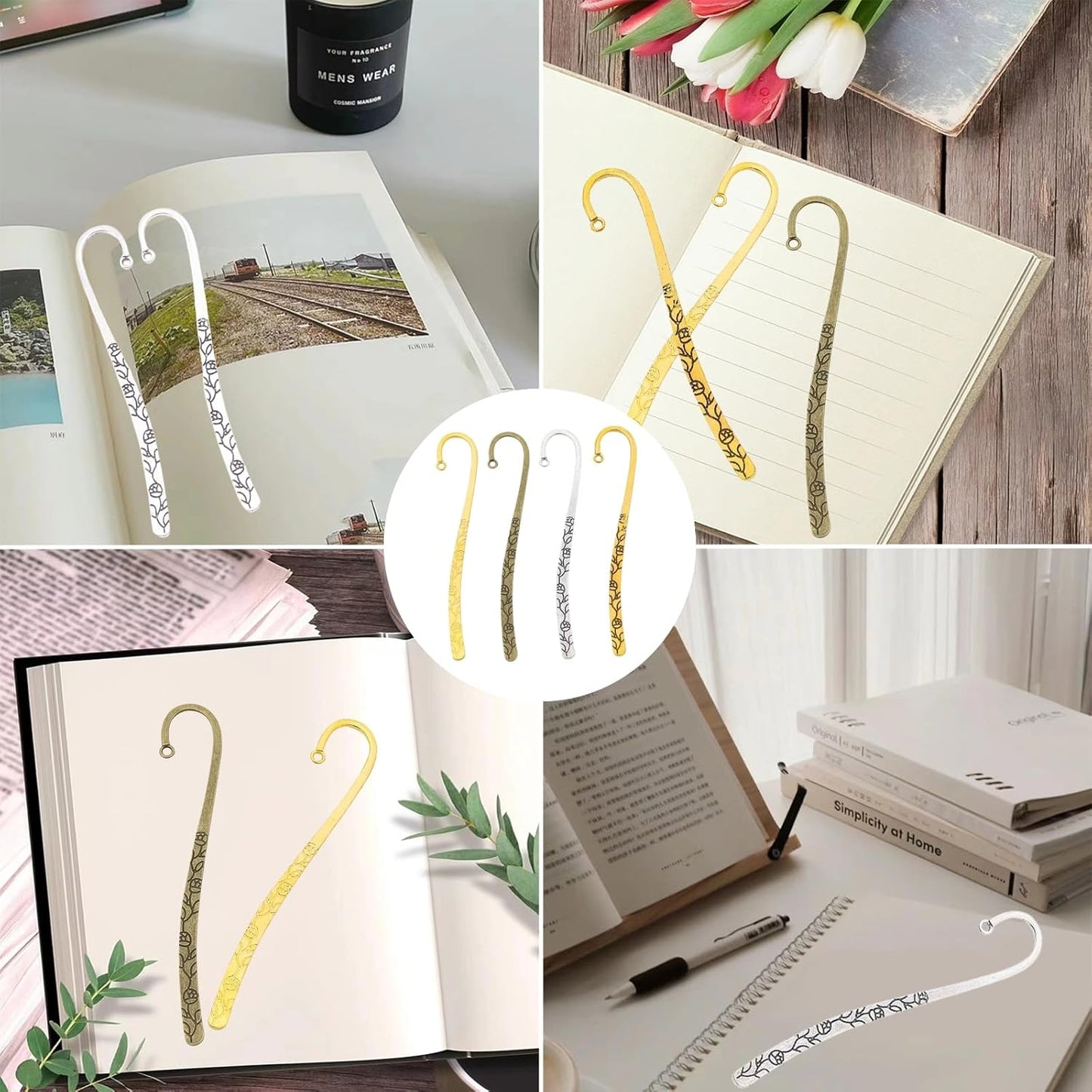 20 Pack Metal Bookmark, Metal Bookmark Hairpin Hook Carved Antique Vintage with Loop Book Markers Embossed Bookmarks, Jewelry Making Charms