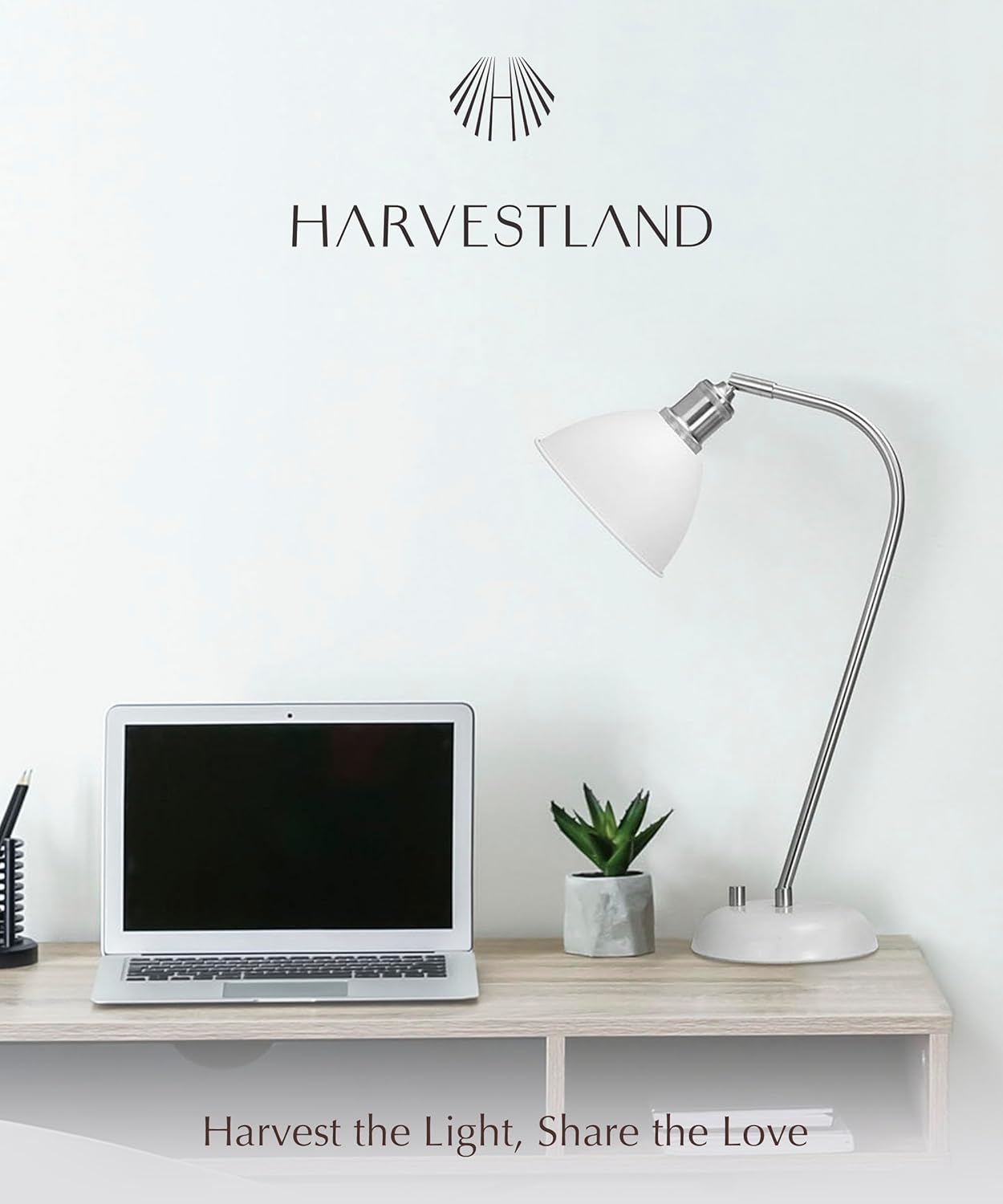 HarvestLand Halo Silver White Adjustable Desk Lamp – Reading Lamp, Pharmacy Style Metal Desk Lamp, Industrial Table Lamp with Solid Base for Bedside Table, Task Lamp Home Office, Best Gifts