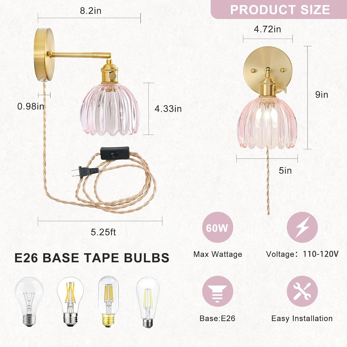 Plug in Wall Sconce, Vintage Sconce Light with Tulip Pink Glass Lampshade, Bedside Wall Sconce with Switch and Plug in Wall Lamp Cord, Gold Wall Light for Bedroom