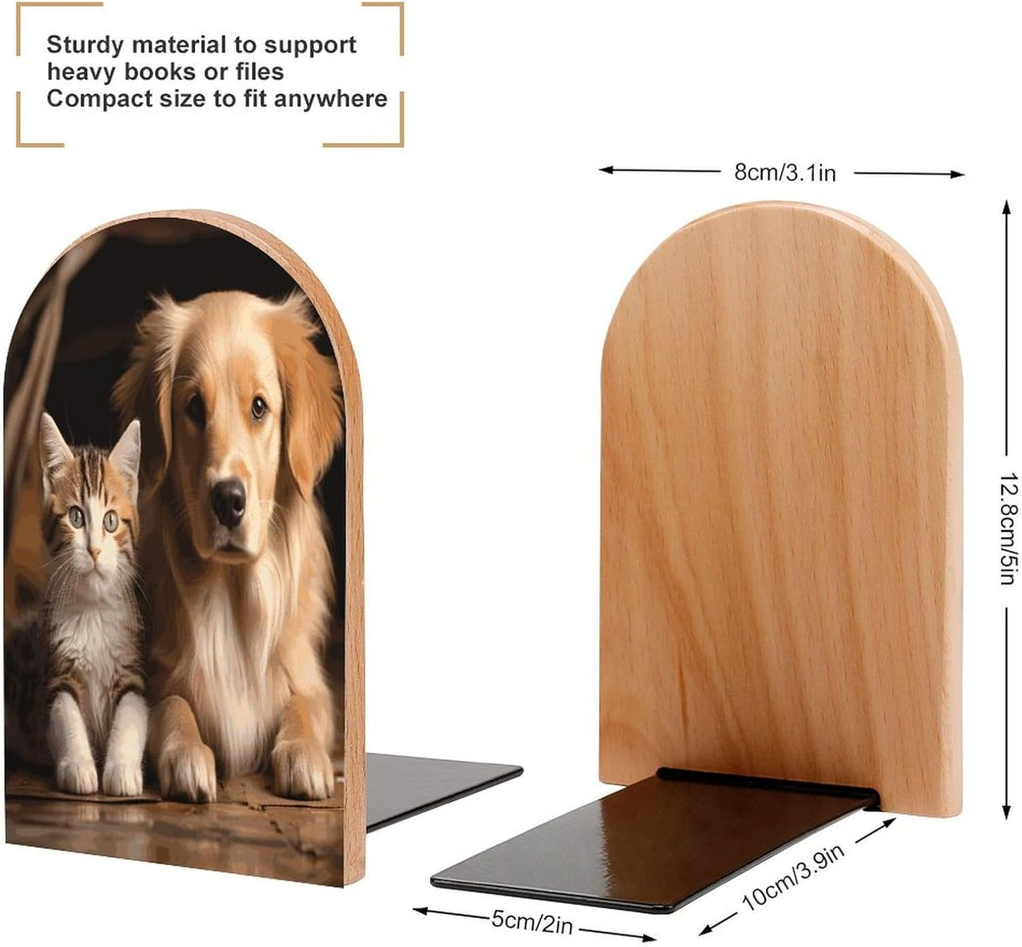 Dog and Cat Bookends 1 Pair Heavy Duty Book Ends for Shelves Non-Skid Bookend Supports Wooden Book Holders with Metal Base Desk Organizers Books Storage to Hold Books