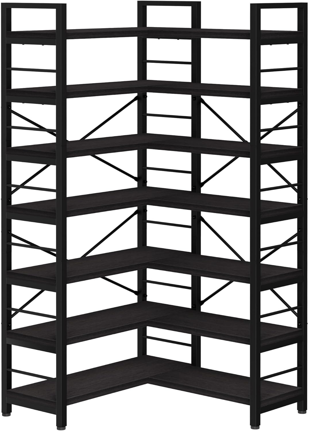 7-Tier Corner Bookshelf, Reversible Wooden Shelves, Industrial Bookcase with Open Shelves and Sturdy Metal Frame, Display Shelf Storage Rack for Living Room, Bedroom, Home Office (Black)