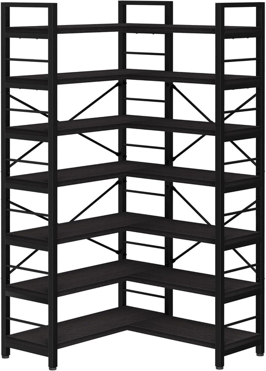 7-Tier Corner Bookshelf, Reversible Wooden Shelves, Industrial Bookcase with Open Shelves and Sturdy Metal Frame, Display Shelf Storage Rack for Living Room, Bedroom, Home Office (Black)