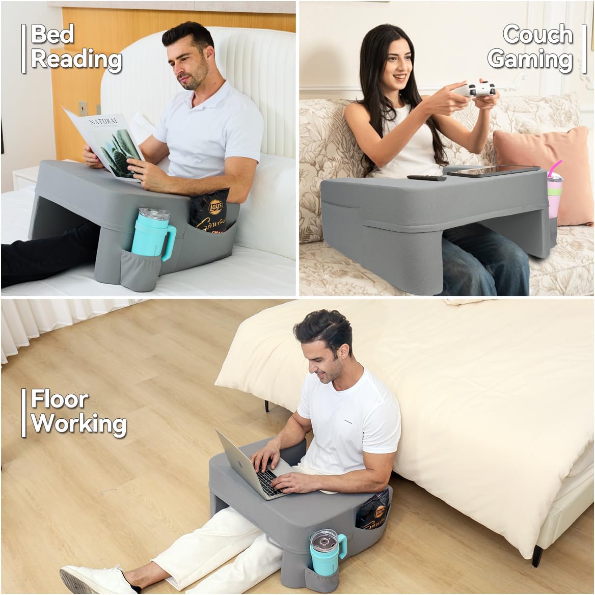 Reading Pillow for Gaming,Soft Lap Desk Pillow for Laptop,Ultimate Lap Pillow with Cup Holder Pocket,Comfort Laptop Lap Desk for Bed Couch Car (Gray, Large)