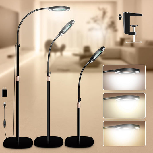 HITTI 10X & 30X Floor Magnifying Glass with Light, Standing Mag Lamp for Close Work, Esthetician, Jewellery, Craft, Facial, Adjustable Color Modes and Flexible Gooseneck LED Lighted Magnifier(Black)