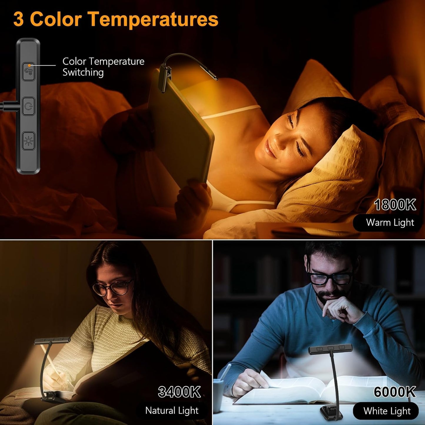 Gritin 2 Pack 19 LED Rechargeable Book Light for Reading in Bed with Memory Function-Eye Caring 3 Color Temperatures,Stepless Dimming Brightness,90 Hrs Runtime Clip on Light for Book Lovers