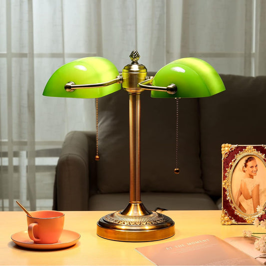 Newrays Green Double Head Glass Bankers Desk Lamp with Pull Chain Switch Plug in Fixture for Library, Office, Cafe
