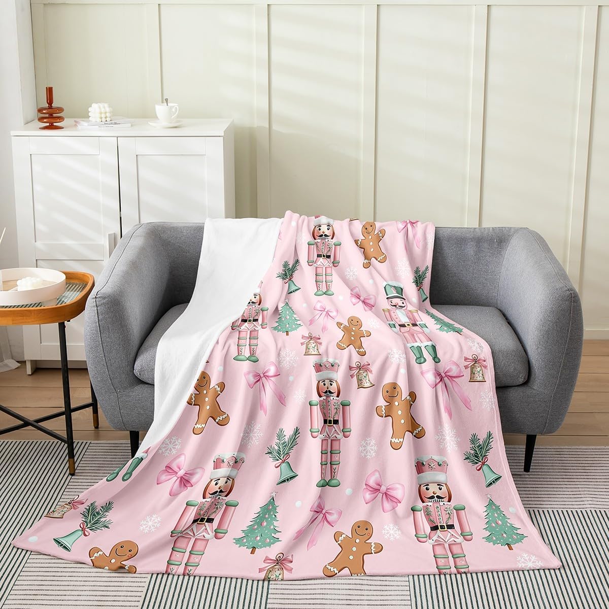 Pink Nutcracker Flannel Blanket,Kawaii Bowknot Cute Gingerbread Bed Blanket for Girls Women,Christmas Tree Snowflake Fleece Blanket,Princess Dreamy Fuzzy Blanket,Throw Size (50 x 60 Inches)