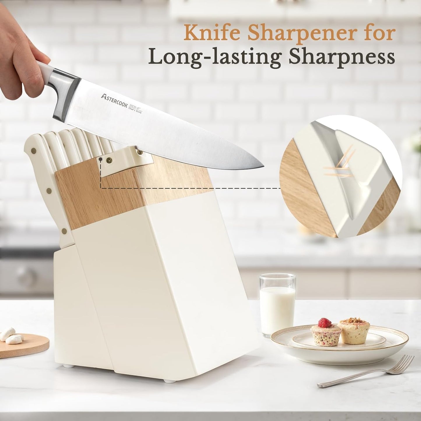 Knife Set,Astercook Kitchen Knife Set with Block 14-Piece Full Tang Stainless Steel Knives with Sharpener Dishwasher Safe and Anti-Slip Ergonomic Handle Valentine's Gift Utensils Set