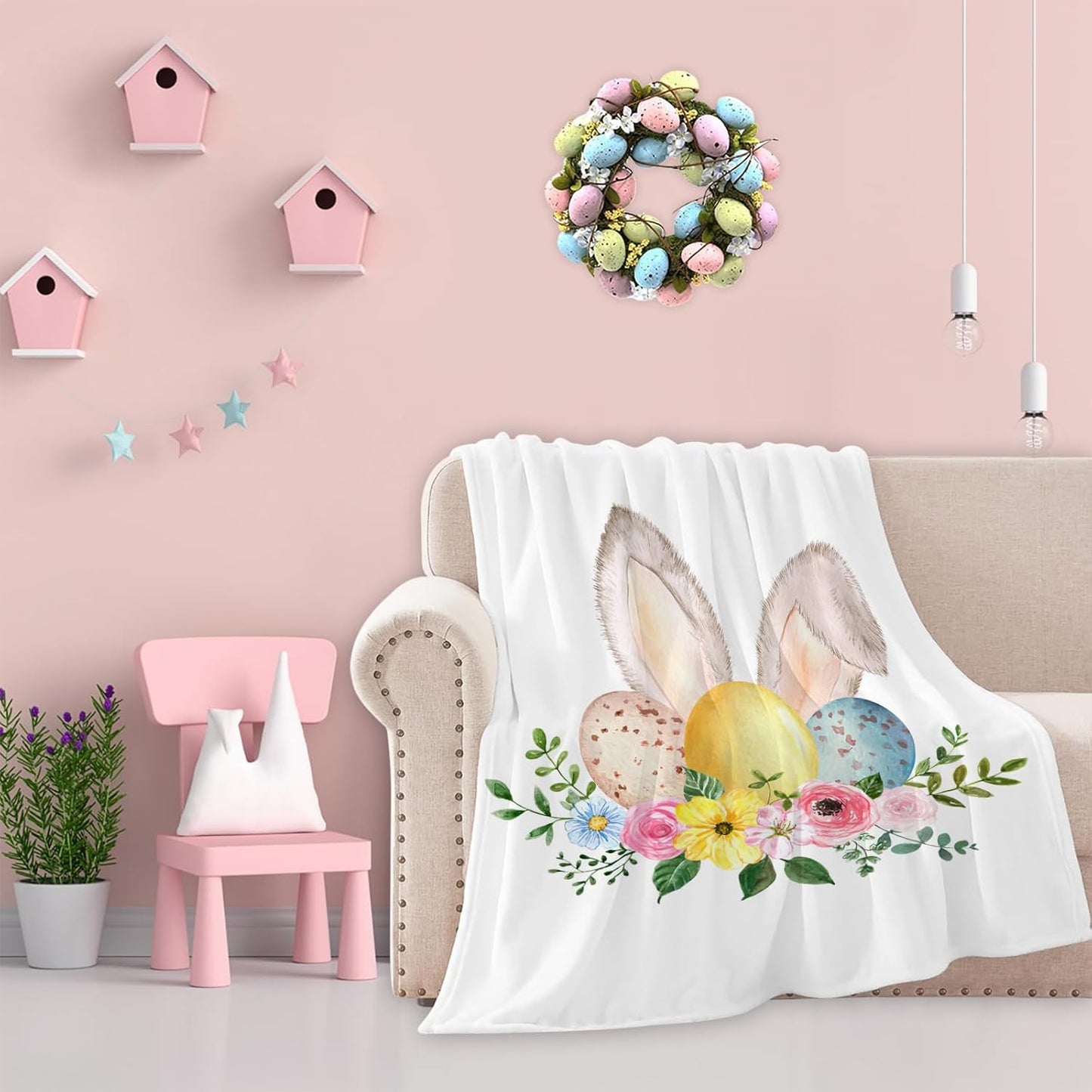 Happy Easter Rabbit Fleece Throw Blanket for Women, Super Soft Blankets and Warm Throws, Cozy, Lightweight Cute 50" x 60" Anti-Pilling Flannel Blanket for Couch, Sofa and Bed