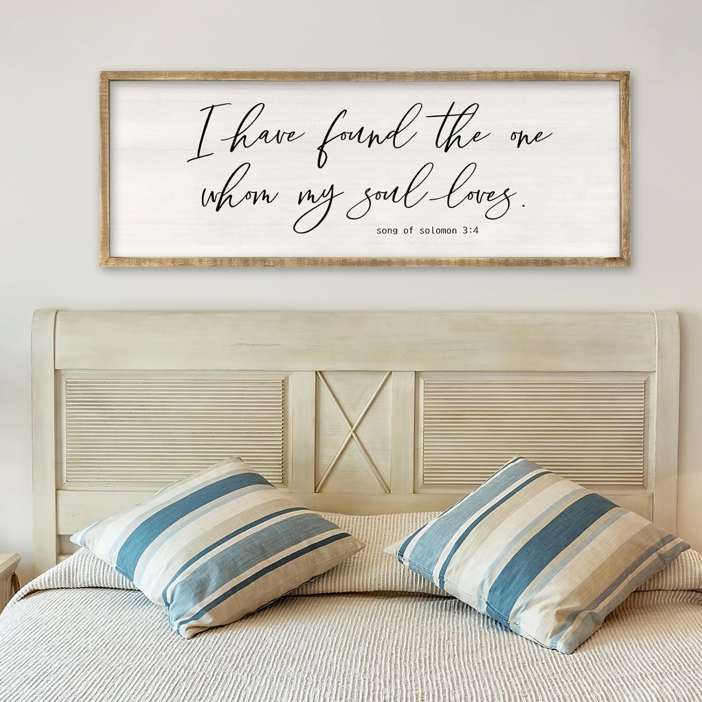 RLWangChao Inspirational Christian Wall Decor I Have Found the One Whom My Soul Loves Sign 32×12 Inch Song of Solomon 3:4 for Master Bedroom Above Over Bed Large Wood Framed Wall Hanging Art (Wood)