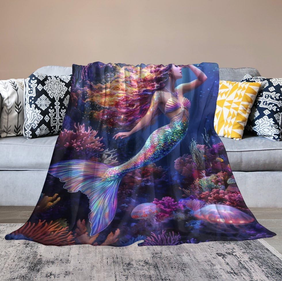 Mermaid Blanket, Ocean Mermaid Gifts Jellyfish Decor Pictures Blankets, Mermaids Throw Blanket for Sofa Couch Bed Living Room Soft Warm Cozy for Adults Kids Men Women 40"x50"