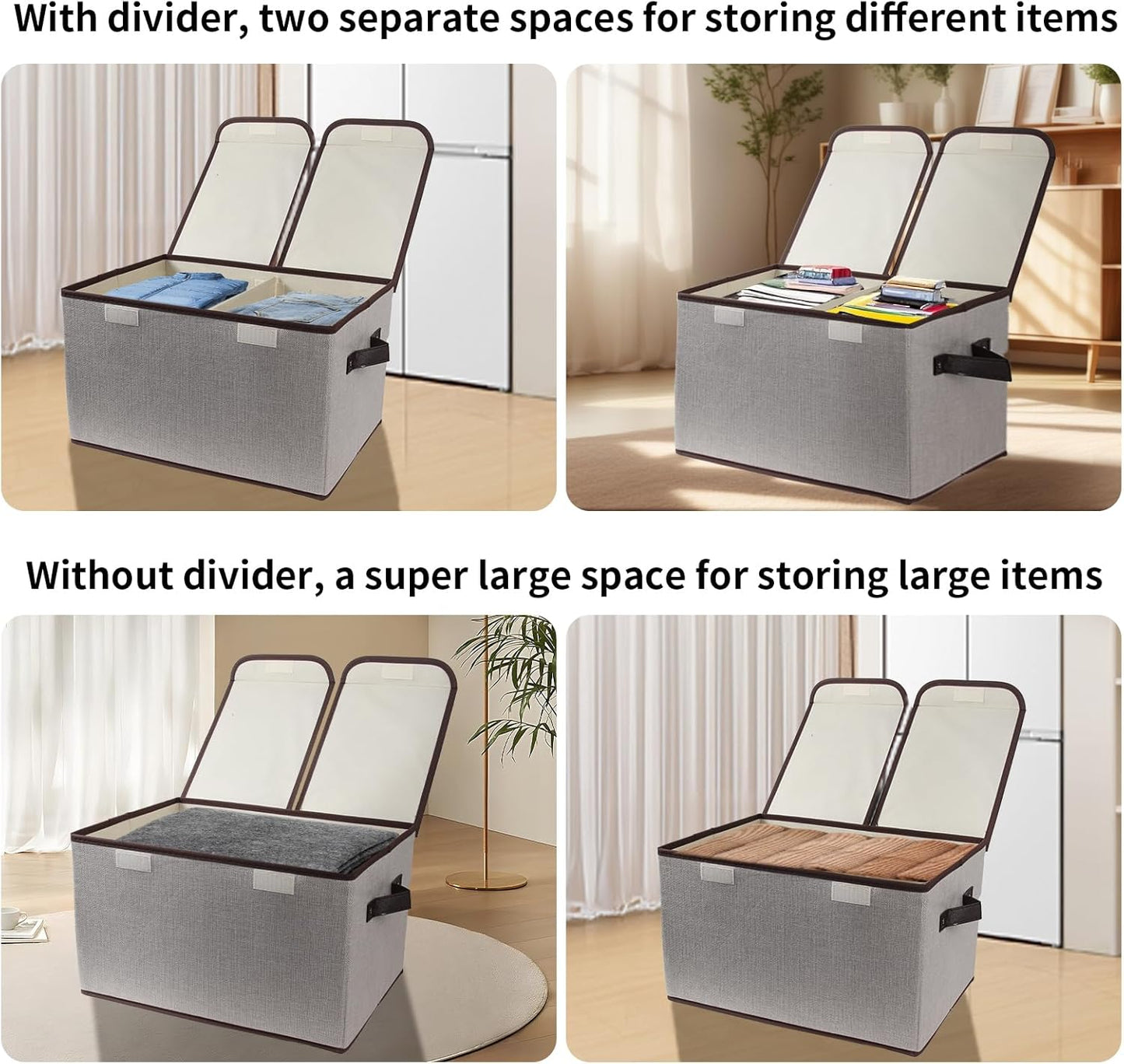 Foldable Fabric Storage Box with Double-Lid & Dividers, Large Organizer for Home, Closet, Office (Grey, 2 Packs)