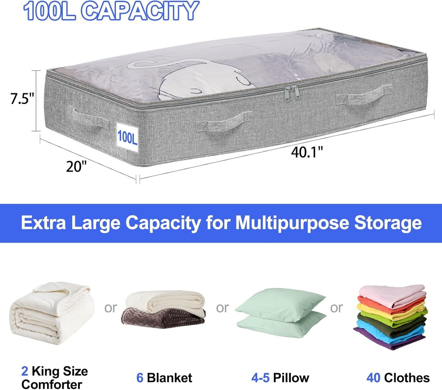 punemi 100L Under Bed Storage Containers, NO STRUCTURE Extra Large Underbed Storage,Soft Foldable Zipper Cloth Blanket Storage Container, Long Flat Storage Bins For College Dorm, 4 Pack, 20x40x7.5in