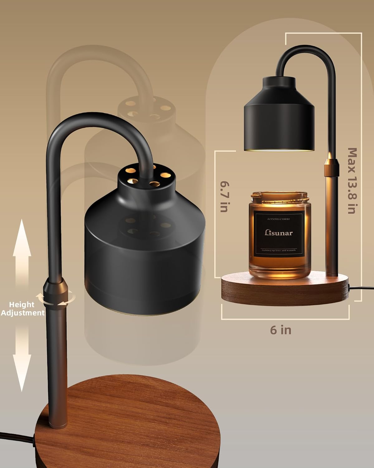 Electric Candle Warmer Lamp Black, Candle Lamp Warmer with Timer, Wax Warmer Lamp for Jar Candles, Adjustable Height Candle Light Warmer with 2 Bulbs